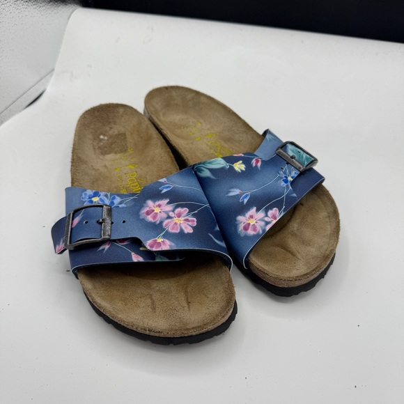 Birkenstock Papillio Blue White Floral Slide Footbed Sandals - Picture 1 of 7